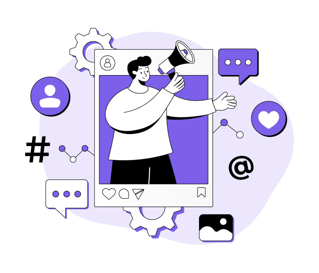 man standing with megaphone in social media feed Social media marketing concept flat illustration Digital marketing E-commerce Social media campaign Seo optimization content marketing - IGNITE Marketing Group