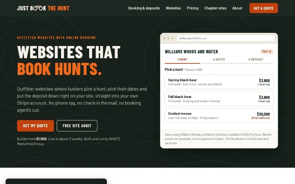 Just Book The Hunt home page: outfitter websites with online booking, built by IGNITE