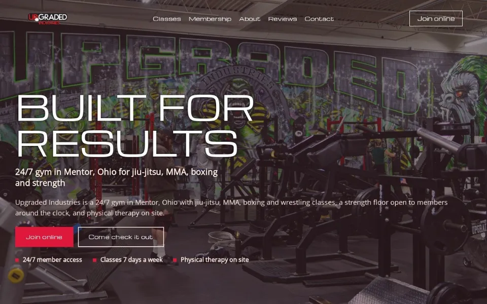 Upgraded Industries home page: a 24/7 gym website built by IGNITE